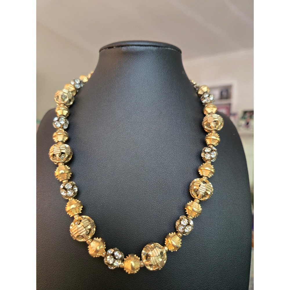 Hattie Carnegie Caged Rondel Rhinestone Beads Goldtone Vintage Signed Necklace